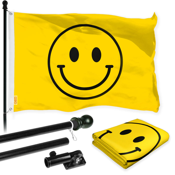 G128 Combo Pack: Flag Pole 6 FT Black Tangle Free & Smiley Face Flag 3x5ft 150D Printed Polyester