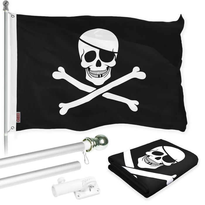 G128 Combo Pack: Flag Pole 6 FT Silver Tangle Free & Pirate Jolly Roger Bones Flag 3x5ft 150D Printed Polyester