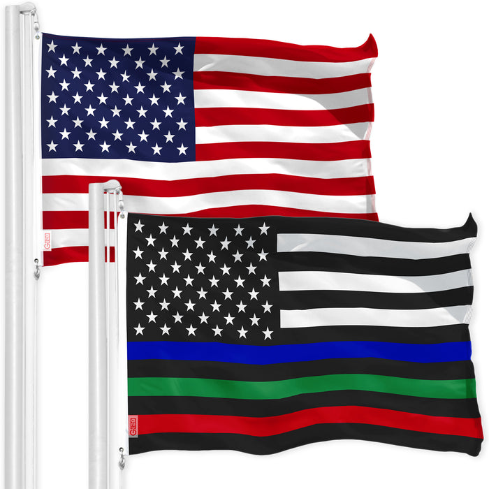 G128 Combo Pack: USA American Flag & Thin Blue Green and Red Line Flag 3x5 FT Printed 150D Indoor/Outdoor, Vibrant Colors, Brass Grommets, Quality Polyester