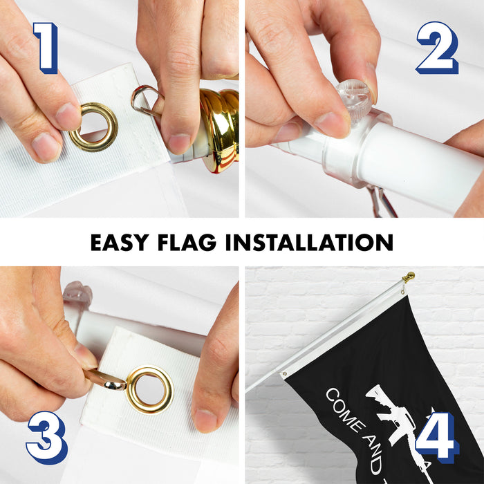 G128 Combo Pack: Flag Pole 6 FT White Tangle Free & Come and Take It Rifle Black Flag 3x5 FT Brass Grommets Printed Polyester (Flag Included) Aluminum Flag Pole
