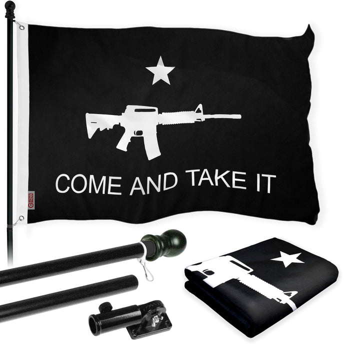 G128 Combo Pack: Flag Pole 6 FT Black Tangle Free & Come and Take It Rifle Black Flag 3x5 FT Brass Grommets Printed Polyester (Flag Included) Aluminum Flag Pole