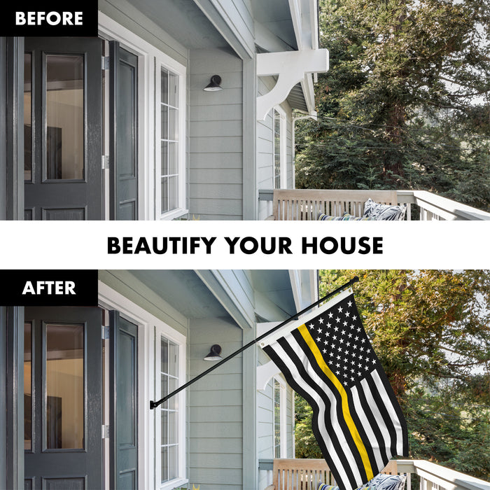 G128 Combo Pack: Flag Pole 6 FT Black Tangle Free & Thin Yellow Line Flag 3x5 FT Brass Grommets Printed Polyester (Flag Included) Aluminum Flag Pole