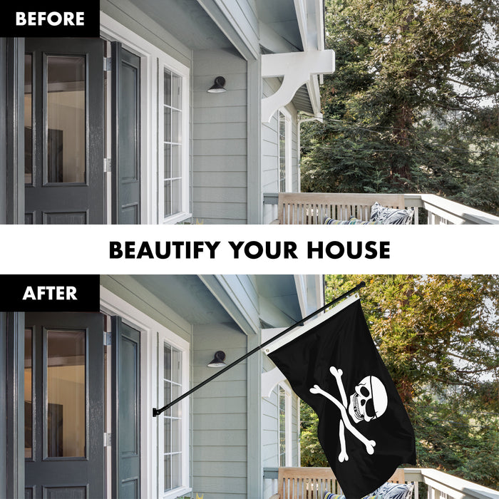 G128 Combo Pack: Flag Pole 6 FT Black Tangle Free & Pirate Jolly Roger Bones Flag 3x5ft 150D Printed Polyester