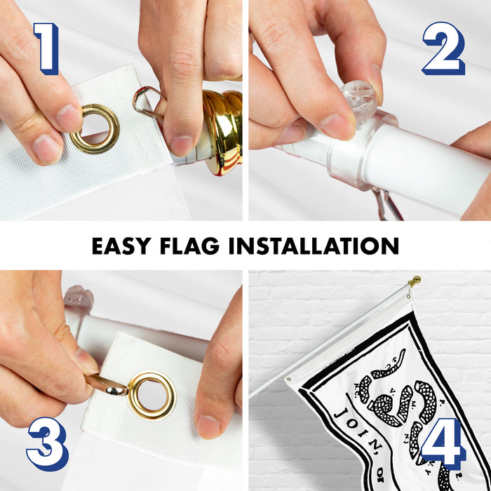 G128 Combo Pack: Flag Pole 6 FT White Tangle Free & Join or Die White Flag 3x5 FT Brass Grommets Printed Polyester (Flag Included) Aluminum Flag Pole