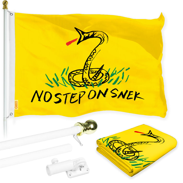 G128 Combo Pack: Flag Pole 6 FT White Tangle Free & No Step On Snek Flag 3x5ft 150D Printed Polyester