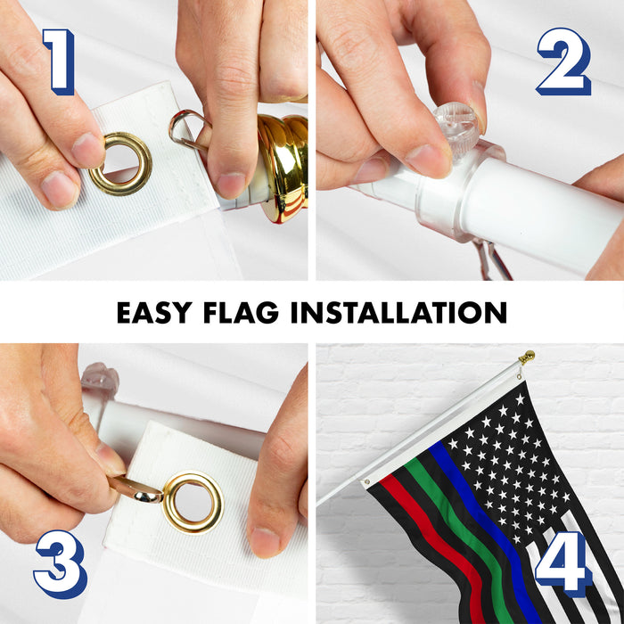 G128 Combo Pack: Flag Pole 6 FT White Tangle Free & Thin Blue Green Red Line Flag 3x5 FT Brass Grommets Printed Polyester (Flag Included) Aluminum Flag Pole