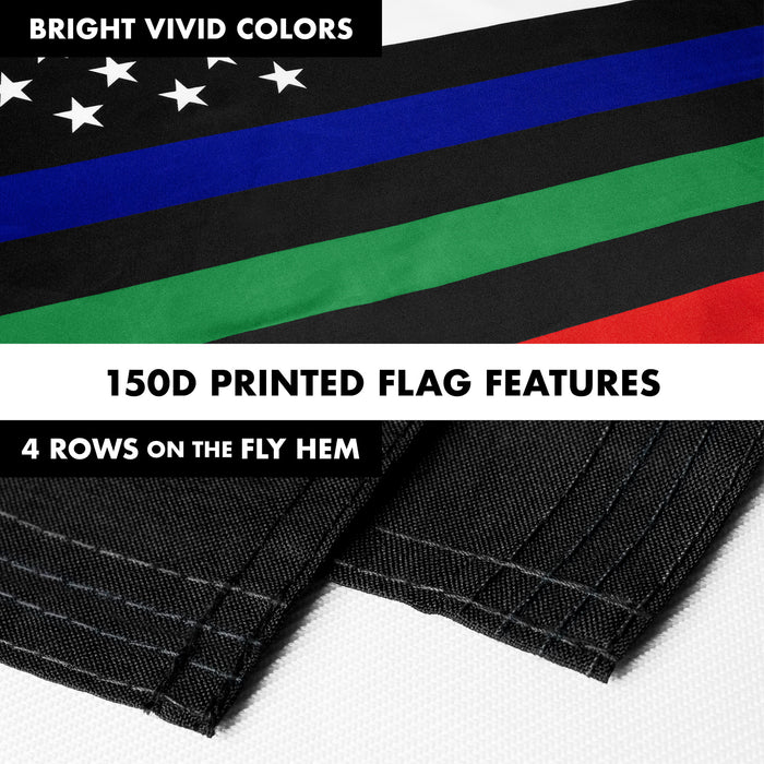 G128 Combo Pack: Flag Pole 6 FT Black Tangle Free & Thin Blue Green Red Line Flag 3x5 FT Brass Grommets Printed Polyester (Flag Included) Aluminum Flag Pole