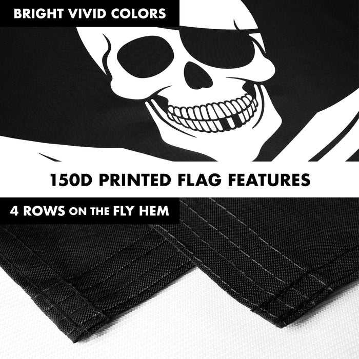 G128 Combo Pack: Flag Pole 6 FT Silver Tangle Free & Pirate Jolly Roger Swords Flag 3x5ft 150D Printed Polyester