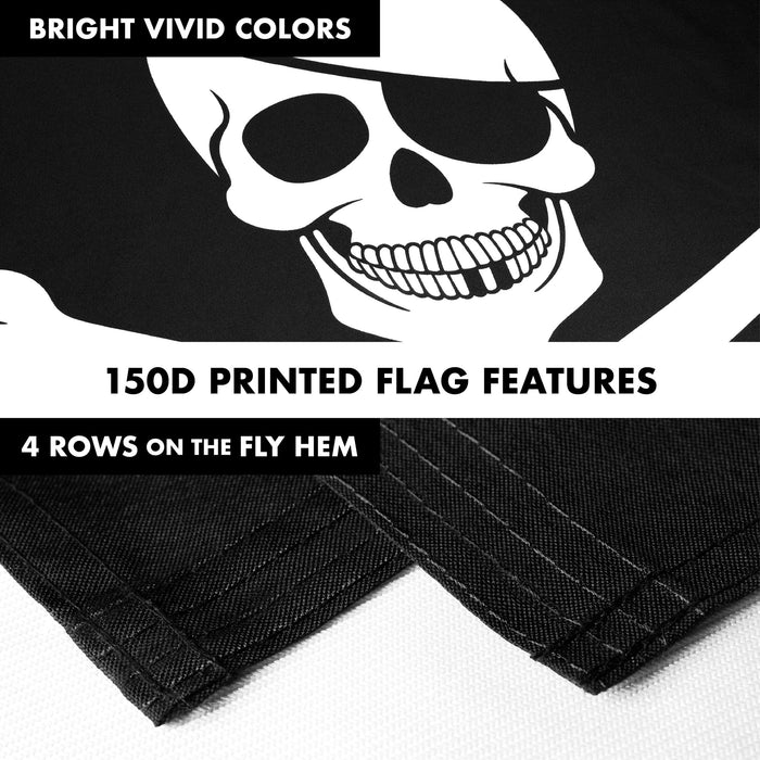 G128 Combo Pack: Flag Pole 6 FT Silver Tangle Free & Pirate Jolly Roger Bones Flag 3x5ft 150D Printed Polyester