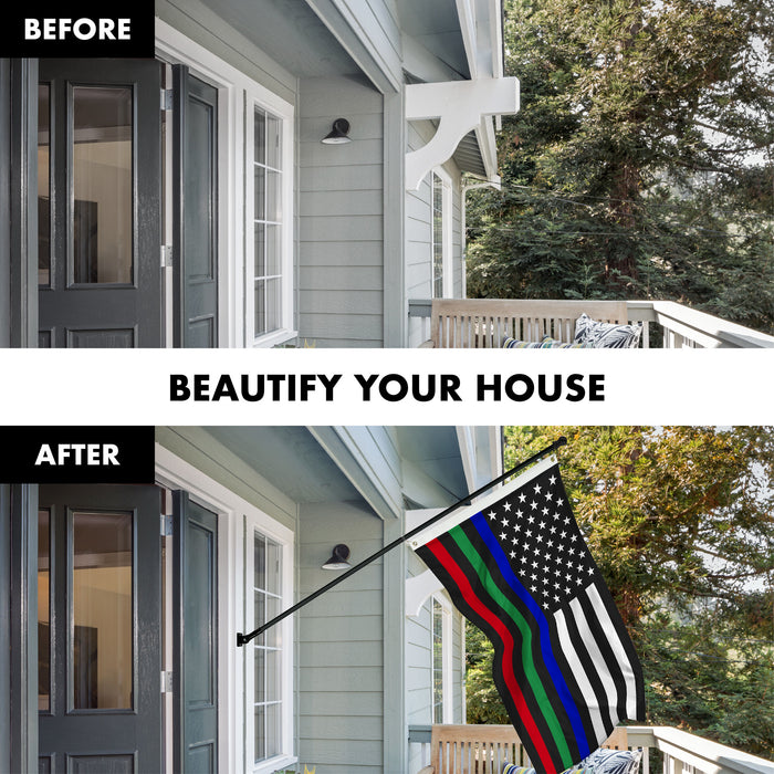 G128 Combo Pack: Flag Pole 6 FT Black Tangle Free & Thin Blue Green Red Line Flag 3x5 FT Brass Grommets Printed Polyester (Flag Included) Aluminum Flag Pole