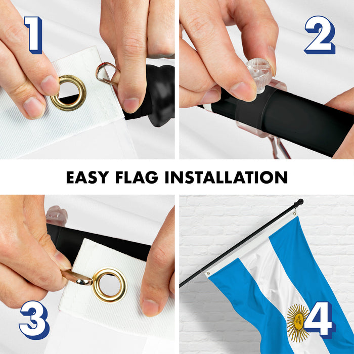 G128 Combo Pack: 6 Ft Tangle Free Aluminum Spinning Flagpole (Black) & Argentina Argentinian Flag 3x5 Ft, Double ToughWeave Series Double Sided Embroidered 210D Polyester | Pole with Flag Included