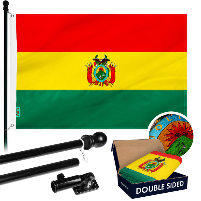 G128 Combo Pack: 6 Ft Tangle Free Aluminum Spinning Flagpole (Black) & Bolivia Flag 3x5 Ft, Double ToughWeave Series Double Sided Embroidered 210D Polyester | Pole with Flag Included