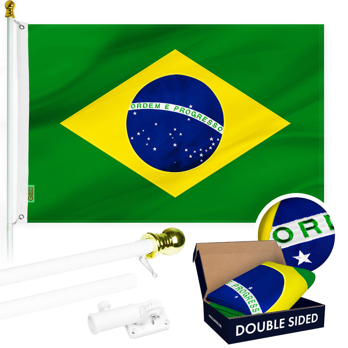 G128 Combo Pack: 6 Ft Tangle Free Aluminum Spinning Flagpole (White) & Brazil Brazilian Flag 3x5 Ft, Double ToughWeave Series Double Sided Embroidered 210D Polyester | Pole with Flag Included