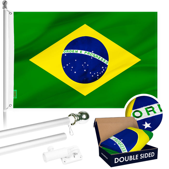 G128 Combo Pack: 6 Ft Tangle Free Aluminum Spinning Flagpole (Silver) & Brazil Brazilian Flag 3x5 Ft, Double ToughWeave Series Double Sided Embroidered 210D Polyester | Pole with Flag Included
