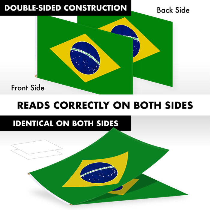G128 Combo Pack: 6 Ft Tangle Free Aluminum Spinning Flagpole (White) & Brazil Brazilian Flag 3x5 Ft, Double ToughWeave Series Double Sided Embroidered 210D Polyester | Pole with Flag Included