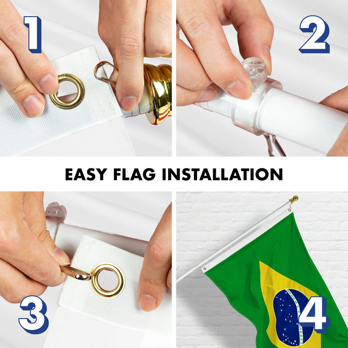 G128 Combo Pack: 6 Ft Tangle Free Aluminum Spinning Flagpole (White) & Brazil Brazilian Flag 3x5 Ft, Double ToughWeave Series Double Sided Embroidered 210D Polyester | Pole with Flag Included