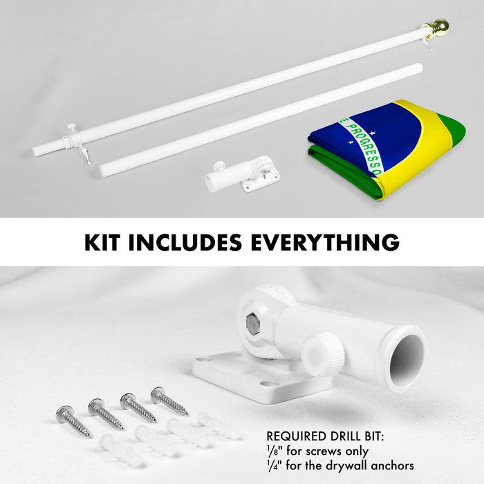 G128 Combo Pack: 6 Ft Tangle Free Aluminum Spinning Flagpole (White) & Brazil Brazilian Flag 3x5 Ft, Double ToughWeave Series Double Sided Embroidered 210D Polyester | Pole with Flag Included