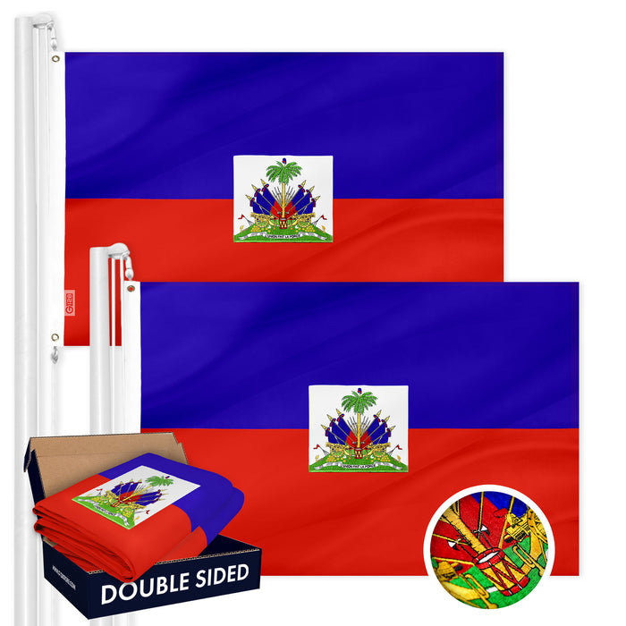 G128 2 PACK: Haiti Haitian Flag 3x5 Ft Double Sided Embroidered 210D Indoor/Outdoor, Brass Grommets, Heavy Duty Polyester