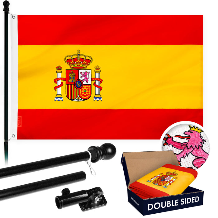 G128 Combo Pack: 6 Ft Tangle Free Aluminum Spinning Flagpole (Black) & Spain Spanish Flag 3x5 Ft, Double ToughWeave Series Double Sided Embroidered 210D Polyester | Pole with Flag Included