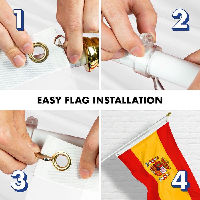 G128 Combo Pack: 6 Ft Tangle Free Aluminum Spinning Flagpole (White) & Spain Spanish Flag 3x5 Ft, Double ToughWeave Series Double Sided Embroidered 210D Polyester | Pole with Flag Included