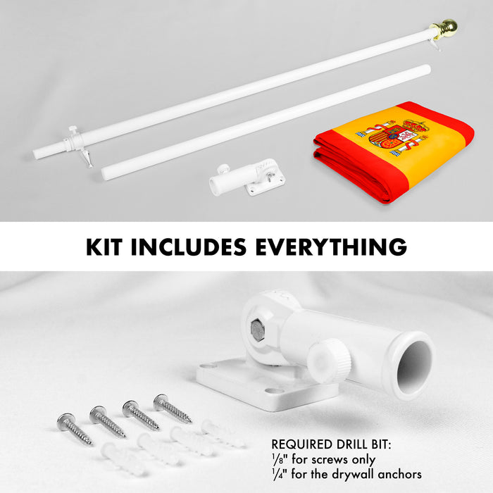 G128 Combo Pack: 6 Ft Tangle Free Aluminum Spinning Flagpole (White) & Spain Spanish Flag 3x5 Ft, Double ToughWeave Series Double Sided Embroidered 210D Polyester | Pole with Flag Included