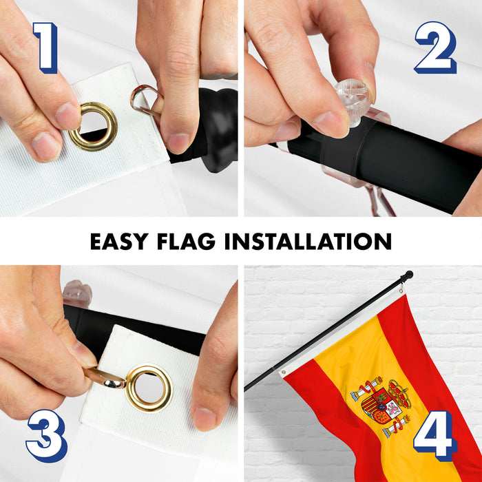 G128 Combo Pack: 6 Ft Tangle Free Aluminum Spinning Flagpole (Black) & Spain Spanish Flag 3x5 Ft, Double ToughWeave Series Double Sided Embroidered 210D Polyester | Pole with Flag Included