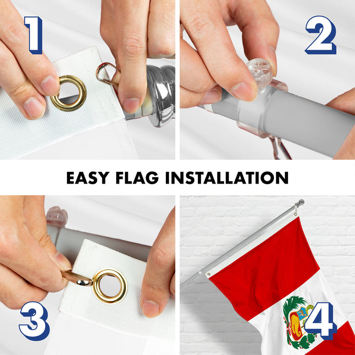 G128 Combo Pack: 6 Ft Tangle Free Aluminum Spinning Flagpole (Silver) & Peru Peruvian Flag 3x5 Ft, Double ToughWeave Series Double Sided Embroidered 210D Polyester | Pole with Flag Included