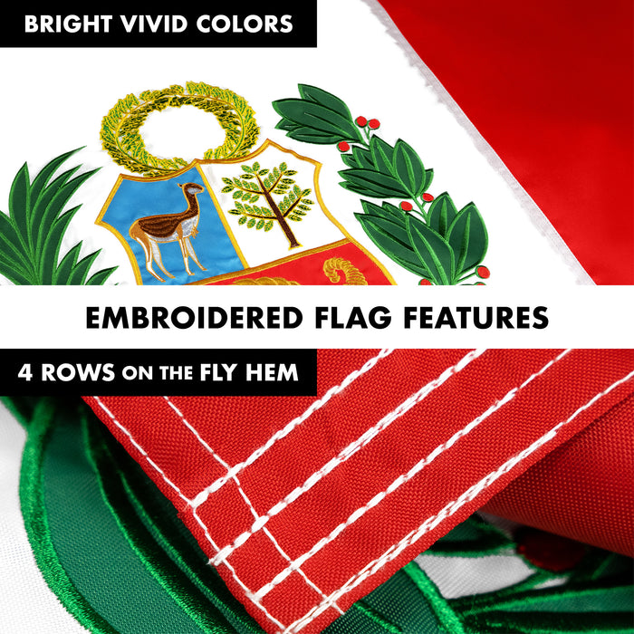 G128 Combo Pack: 6 Ft Tangle Free Aluminum Spinning Flagpole (Black) & Peru Peruvian Flag 3x5 Ft, Double ToughWeave Series Double Sided Embroidered 210D Polyester | Pole with Flag Included