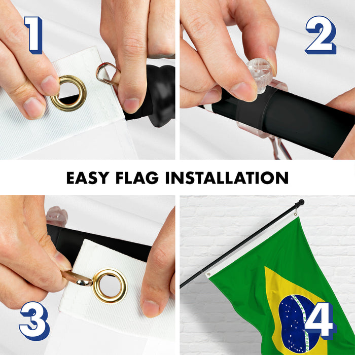 G128 Combo Pack: 6 Ft Tangle Free Aluminum Spinning Flagpole (Black) & Brazil Brazilian Flag 3x5 Ft, Double ToughWeave Series Double Sided Embroidered 210D Polyester | Pole with Flag Included