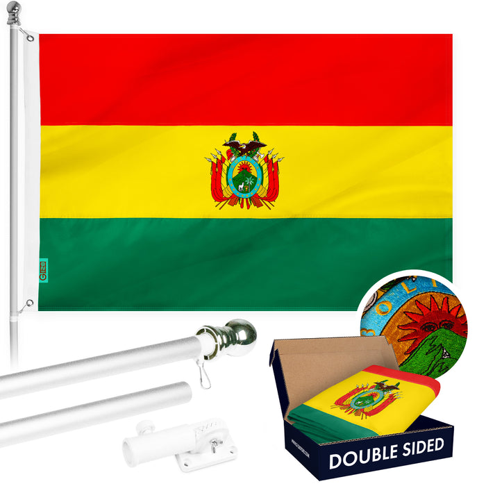 G128 Combo Pack: 6 Ft Tangle Free Aluminum Spinning Flagpole (Silver) & Bolivia Flag 3x5 Ft, Double ToughWeave Series Double Sided Embroidered 210D Polyester | Pole with Flag Included