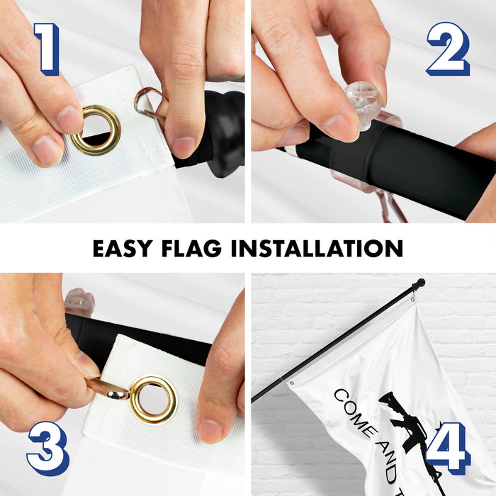 G128 Combo Pack: 6 Ft Tangle Free Aluminum Spinning Flagpole (Black) & Come and Take It Rifle White Flag 3x5 Ft, Double ToughWeave Series Double Sided Embroidered 210D Polyester | Pole with Flag