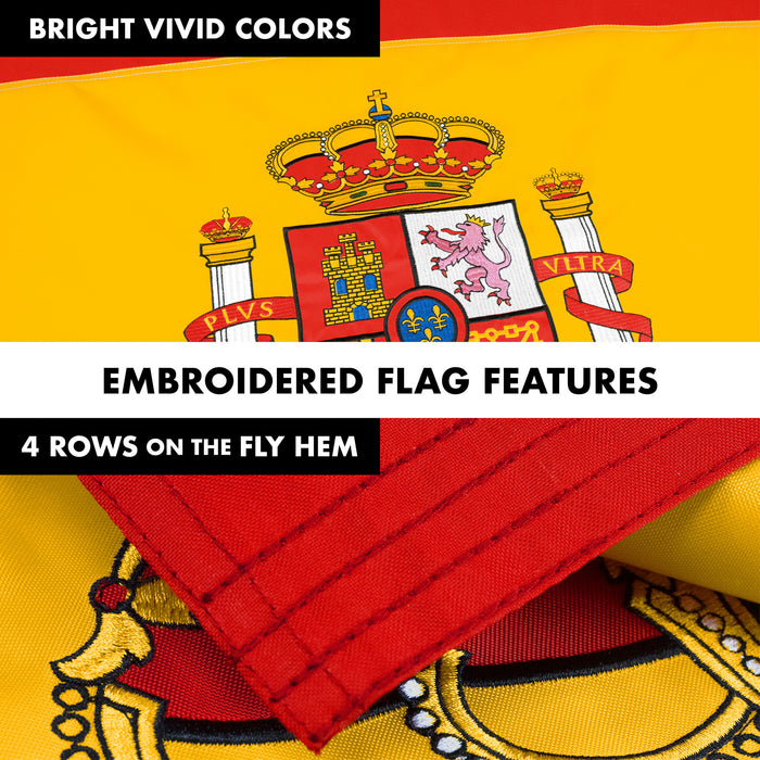 G128 Combo Pack: 6 Ft Tangle Free Aluminum Spinning Flagpole (White) & Spain Spanish Flag 3x5 Ft, Double ToughWeave Series Double Sided Embroidered 210D Polyester | Pole with Flag Included