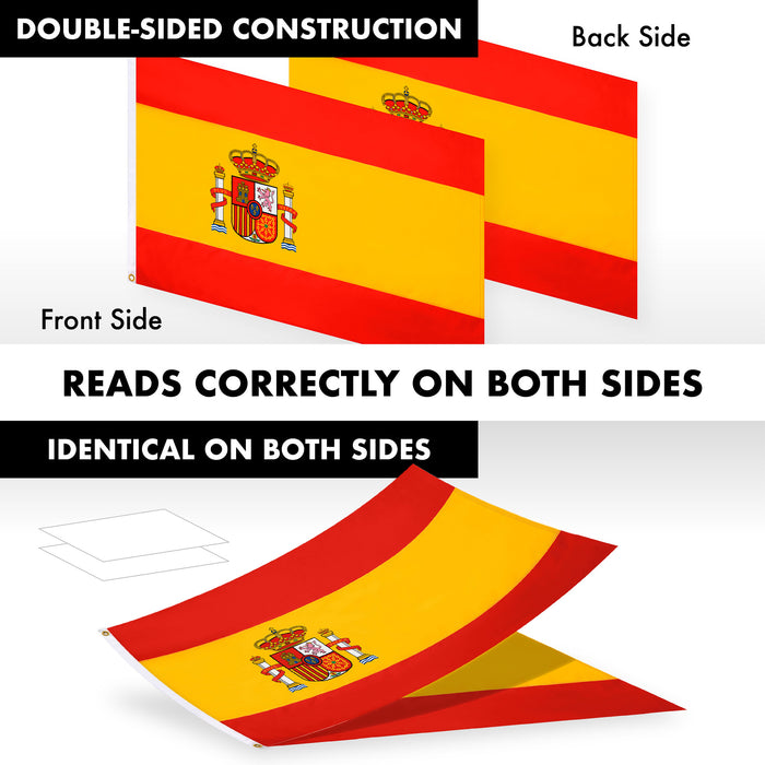 G128 Combo Pack: 6 Ft Tangle Free Aluminum Spinning Flagpole (White) & Spain Spanish Flag 3x5 Ft, Double ToughWeave Series Double Sided Embroidered 210D Polyester | Pole with Flag Included
