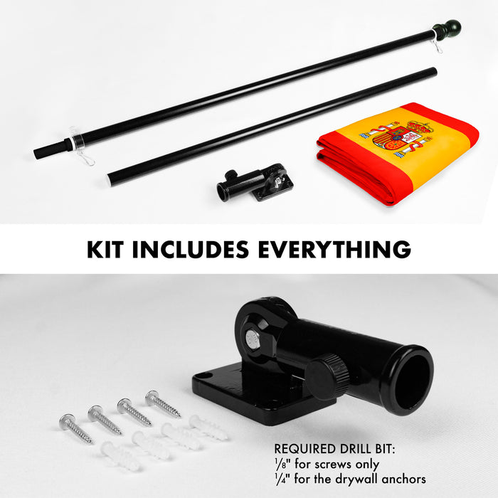 G128 Combo Pack: 6 Ft Tangle Free Aluminum Spinning Flagpole (Black) & Spain Spanish Flag 3x5 Ft, Double ToughWeave Series Double Sided Embroidered 210D Polyester | Pole with Flag Included