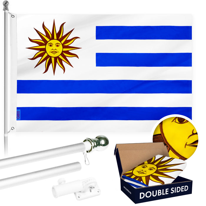 G128 Combo Pack: 6 Ft Tangle Free Aluminum Spinning Flagpole (Silver) & Uruguay Uruguayan Flag 3x5 Ft, Double ToughWeave Series Double Sided Embroidered 210D Polyester | Pole with Flag Included