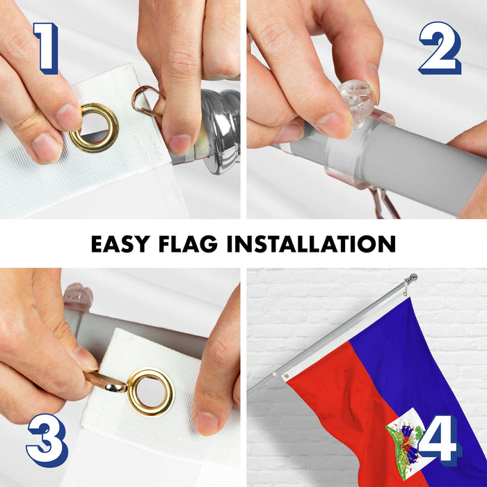 G128 Combo Pack: Flag Pole 6 FT Silver Tangle Free & Haiti Haitian Flag 3x5 FT Double Sided Embroidered 210D Polyester