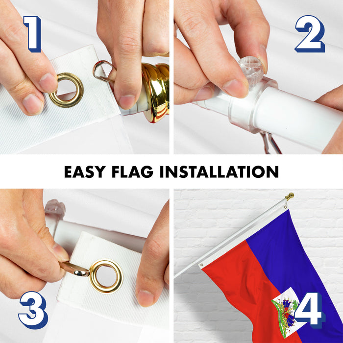 G128 Combo Pack: Flag Pole 6 FT White Tangle Free & Haiti Haitian Flag 3x5 FT Double Sided Embroidered 210D Polyester