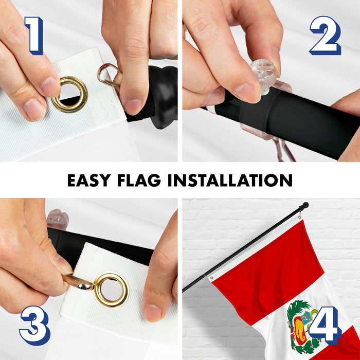 G128 Combo Pack: 6 Ft Tangle Free Aluminum Spinning Flagpole (Black) & Peru Peruvian Flag 3x5 Ft, Double ToughWeave Series Double Sided Embroidered 210D Polyester | Pole with Flag Included