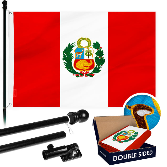 G128 Combo Pack: 6 Ft Tangle Free Aluminum Spinning Flagpole (Black) & Peru Peruvian Flag 3x5 Ft, Double ToughWeave Series Double Sided Embroidered 210D Polyester | Pole with Flag Included