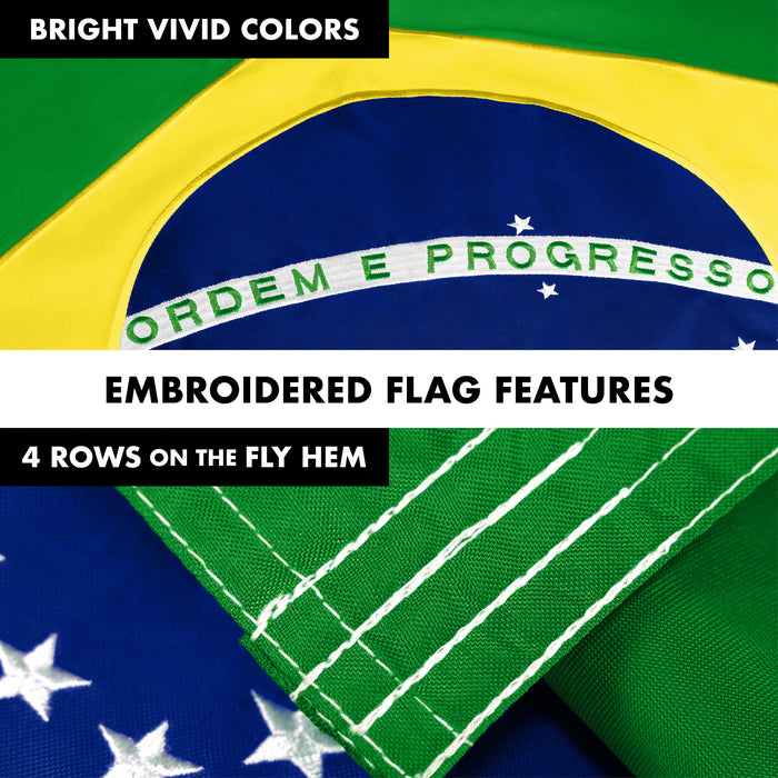G128 Combo Pack: 6 Ft Tangle Free Aluminum Spinning Flagpole (White) & Brazil Brazilian Flag 3x5 Ft, Double ToughWeave Series Double Sided Embroidered 210D Polyester | Pole with Flag Included