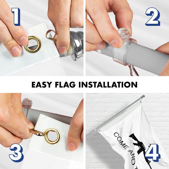 G128 Combo Pack: 6 Ft Tangle Free Aluminum Spinning Flagpole (Silver) & Come and Take It Rifle White Flag 3x5 Ft, Double ToughWeave Series Double Sided Embroidered 210D Polyester | Pole with Flag