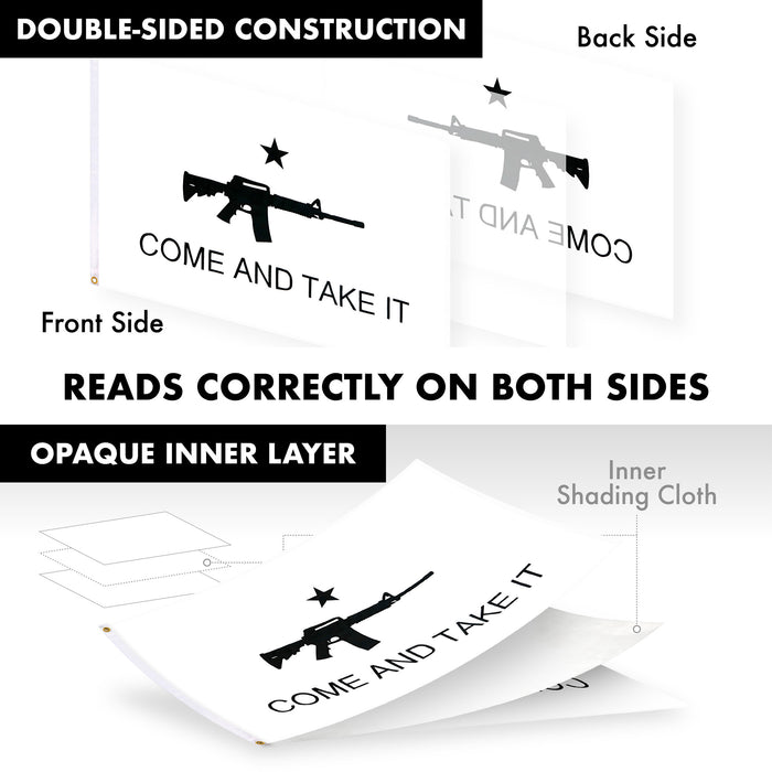 G128 Combo Pack: 6 Ft Tangle Free Aluminum Spinning Flagpole (Silver) & Come and Take It Rifle White Flag 3x5 Ft, Double ToughWeave Series Double Sided Embroidered 210D Polyester | Pole with Flag
