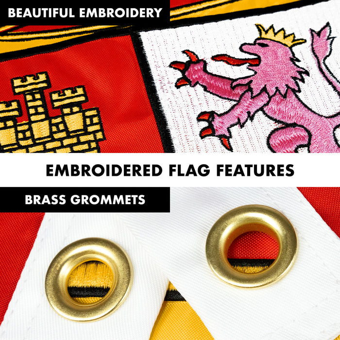 G128 Combo Pack: 6 Ft Tangle Free Aluminum Spinning Flagpole (White) & Spain Spanish Flag 3x5 Ft, Double ToughWeave Series Double Sided Embroidered 210D Polyester | Pole with Flag Included
