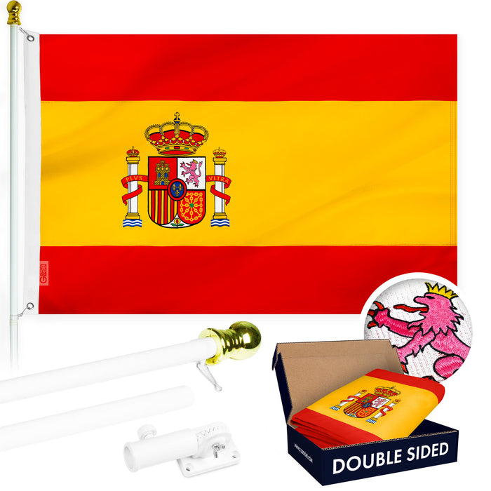 G128 Combo Pack: 6 Ft Tangle Free Aluminum Spinning Flagpole (White) & Spain Spanish Flag 3x5 Ft, Double ToughWeave Series Double Sided Embroidered 210D Polyester | Pole with Flag Included