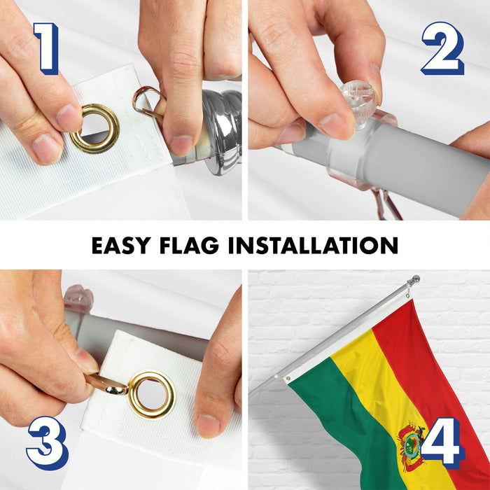 G128 Combo Pack: 6 Ft Tangle Free Aluminum Spinning Flagpole (Silver) & Bolivia Flag 3x5 Ft, Double ToughWeave Series Double Sided Embroidered 210D Polyester | Pole with Flag Included