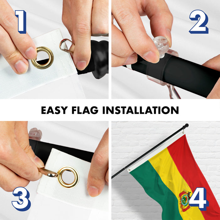 G128 Combo Pack: 6 Ft Tangle Free Aluminum Spinning Flagpole (Black) & Bolivia Flag 3x5 Ft, Double ToughWeave Series Double Sided Embroidered 210D Polyester | Pole with Flag Included