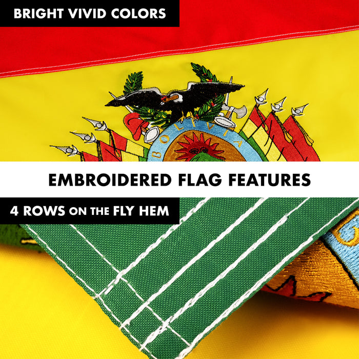 G128 Combo Pack: 6 Ft Tangle Free Aluminum Spinning Flagpole (Silver) & Bolivia Flag 3x5 Ft, Double ToughWeave Series Double Sided Embroidered 210D Polyester | Pole with Flag Included