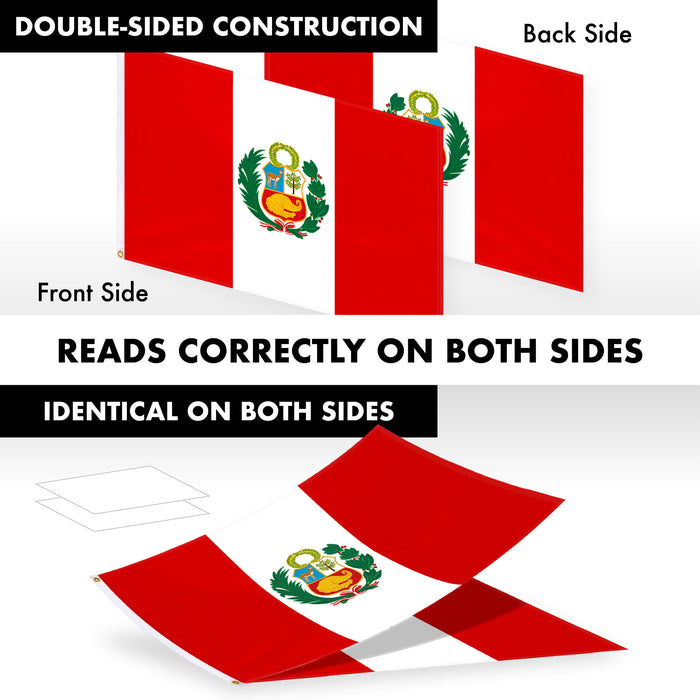 G128 Combo Pack: 6 Ft Tangle Free Aluminum Spinning Flagpole (Black) & Peru Peruvian Flag 3x5 Ft, Double ToughWeave Series Double Sided Embroidered 210D Polyester | Pole with Flag Included