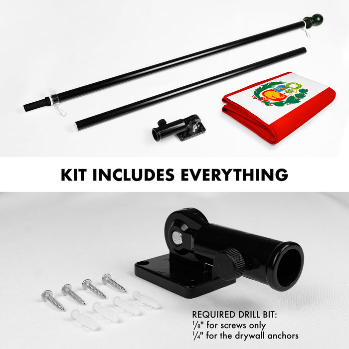 G128 Combo Pack: 6 Ft Tangle Free Aluminum Spinning Flagpole (Black) & Peru Peruvian Flag 3x5 Ft, Double ToughWeave Series Double Sided Embroidered 210D Polyester | Pole with Flag Included