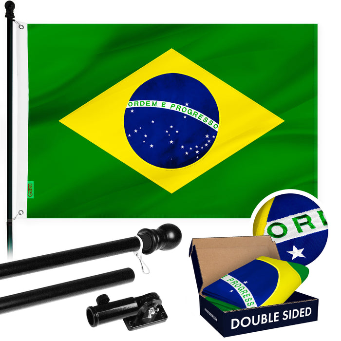 G128 Combo Pack: 6 Ft Tangle Free Aluminum Spinning Flagpole (Black) & Brazil Brazilian Flag 3x5 Ft, Double ToughWeave Series Double Sided Embroidered 210D Polyester | Pole with Flag Included